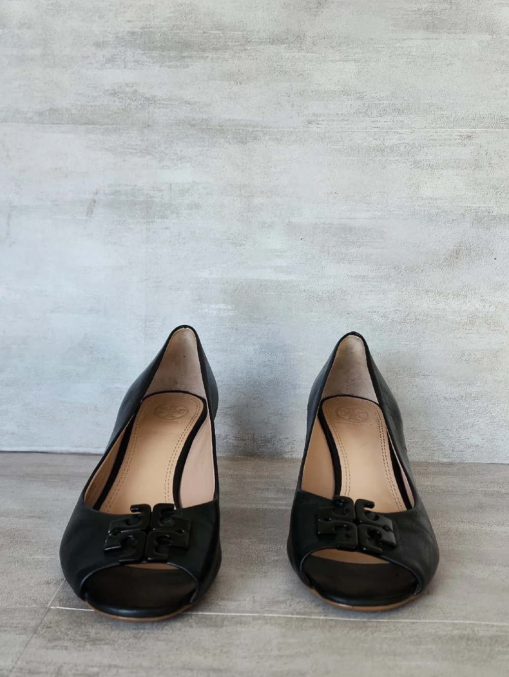 Tory Burch Black Lowell Peep Toe Wedge Pump Size 7.5